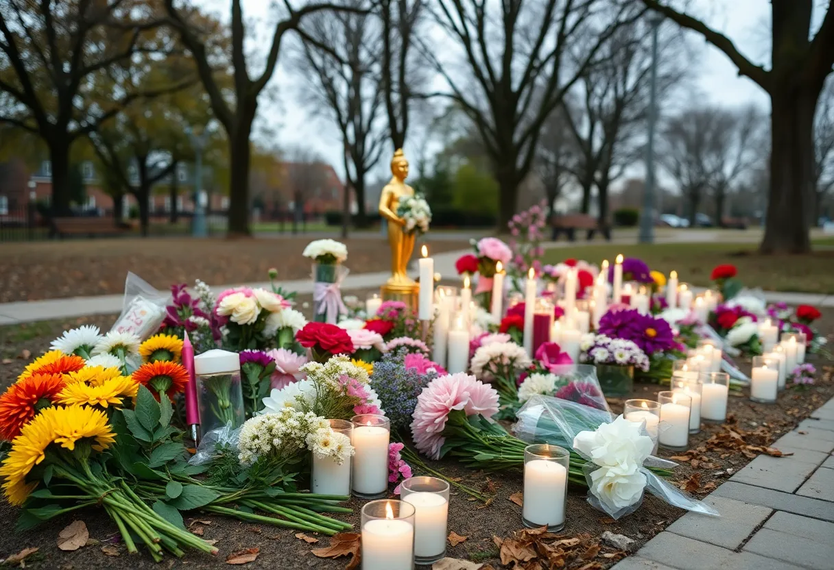Memorial flowers and candles in Augusta community park