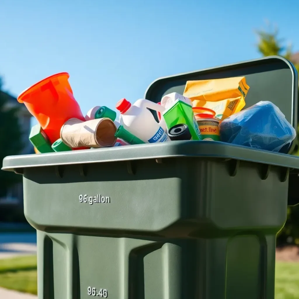 A recycling cart filled with recyclable materials in a residential area