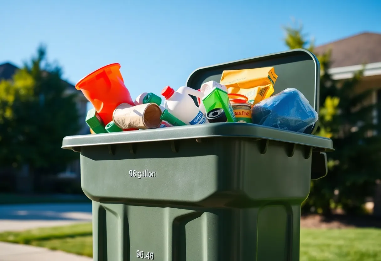 A recycling cart filled with recyclable materials in a residential area