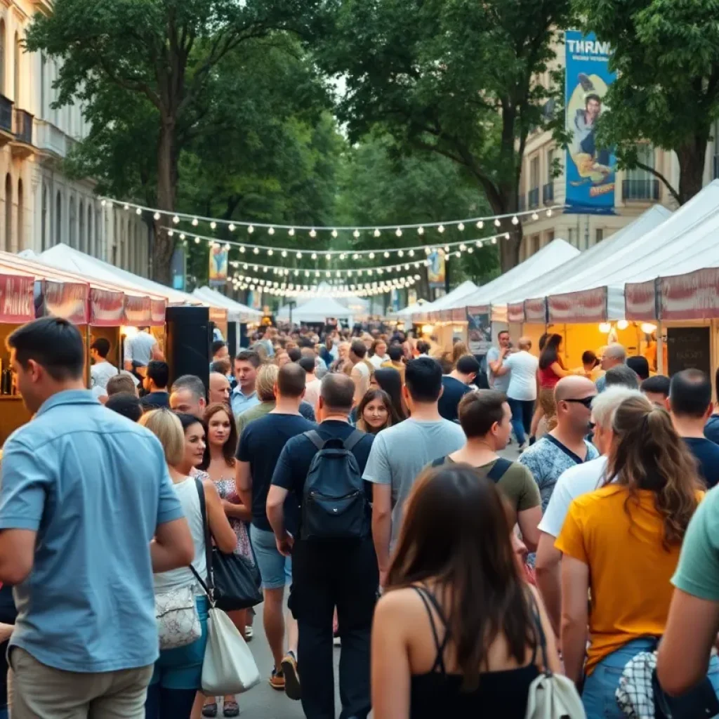 Crowd gathered at an outdoor event in Augusta with music and food stalls.