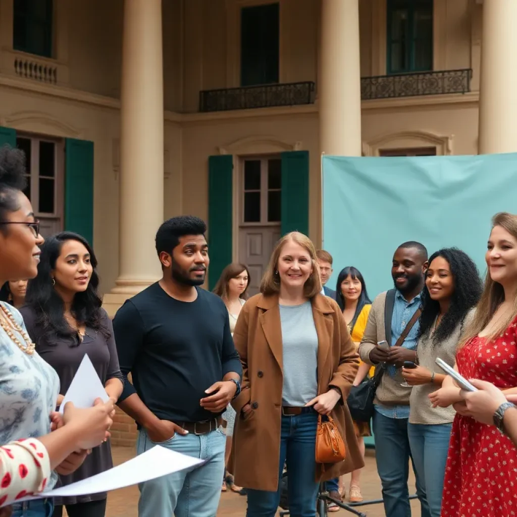 Diverse actors rehearsing lines on a film set in Augusta