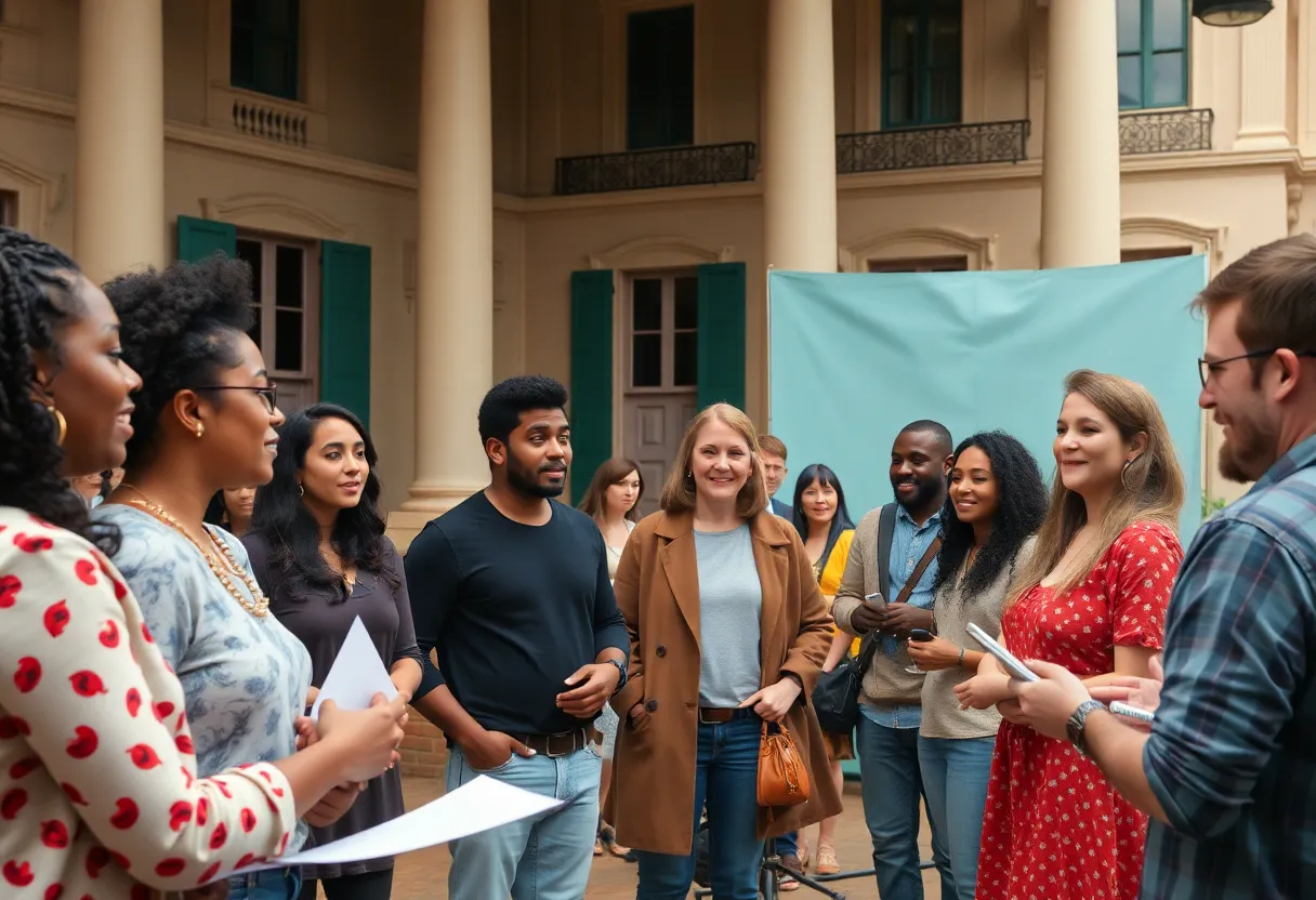 Diverse actors rehearsing lines on a film set in Augusta