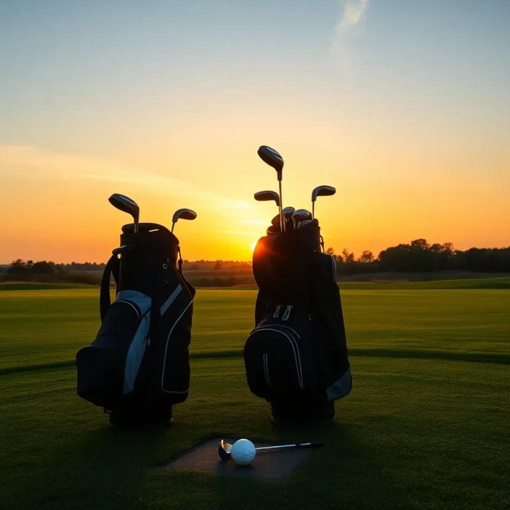 Golf bags on a tee at sunset representing junior golfers' preparation.