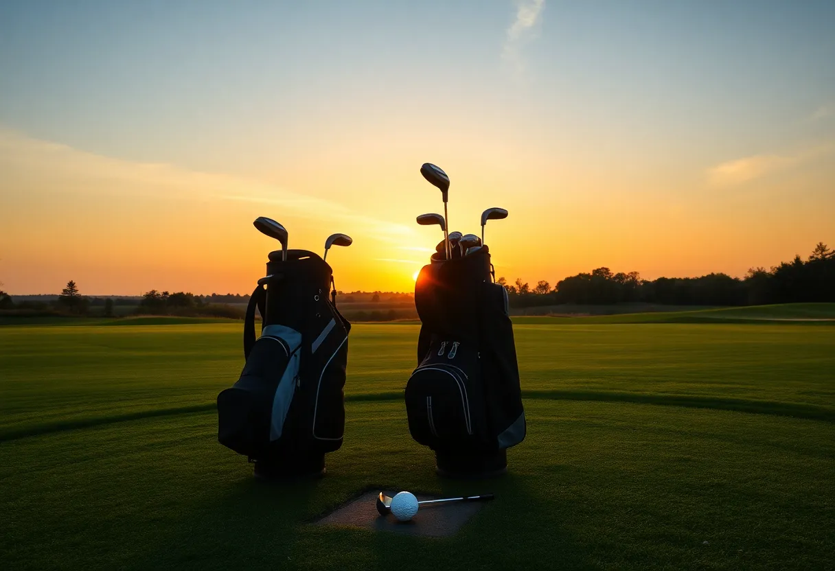 Golf bags on a tee at sunset representing junior golfers' preparation.