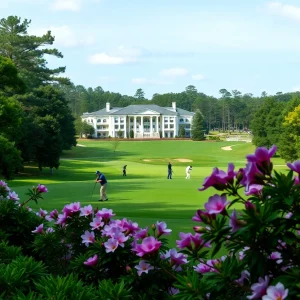 Lush spring landscape of Augusta National Golf Club with blooming flowers