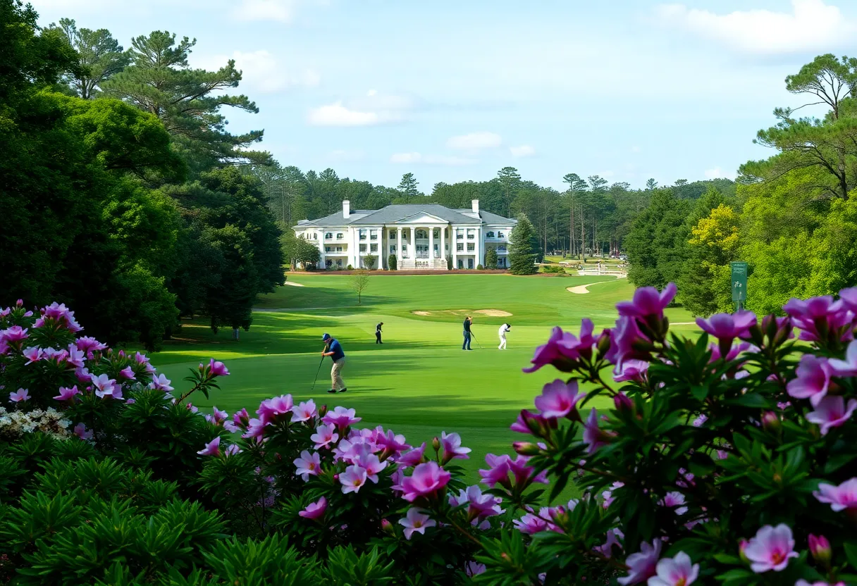 Lush spring landscape of Augusta National Golf Club with blooming flowers