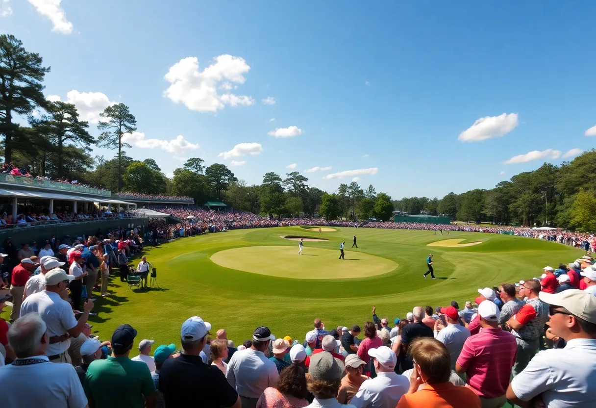 Spectators enjoying the Masters Tournament under a bright sun at Augusta National Golf Club.