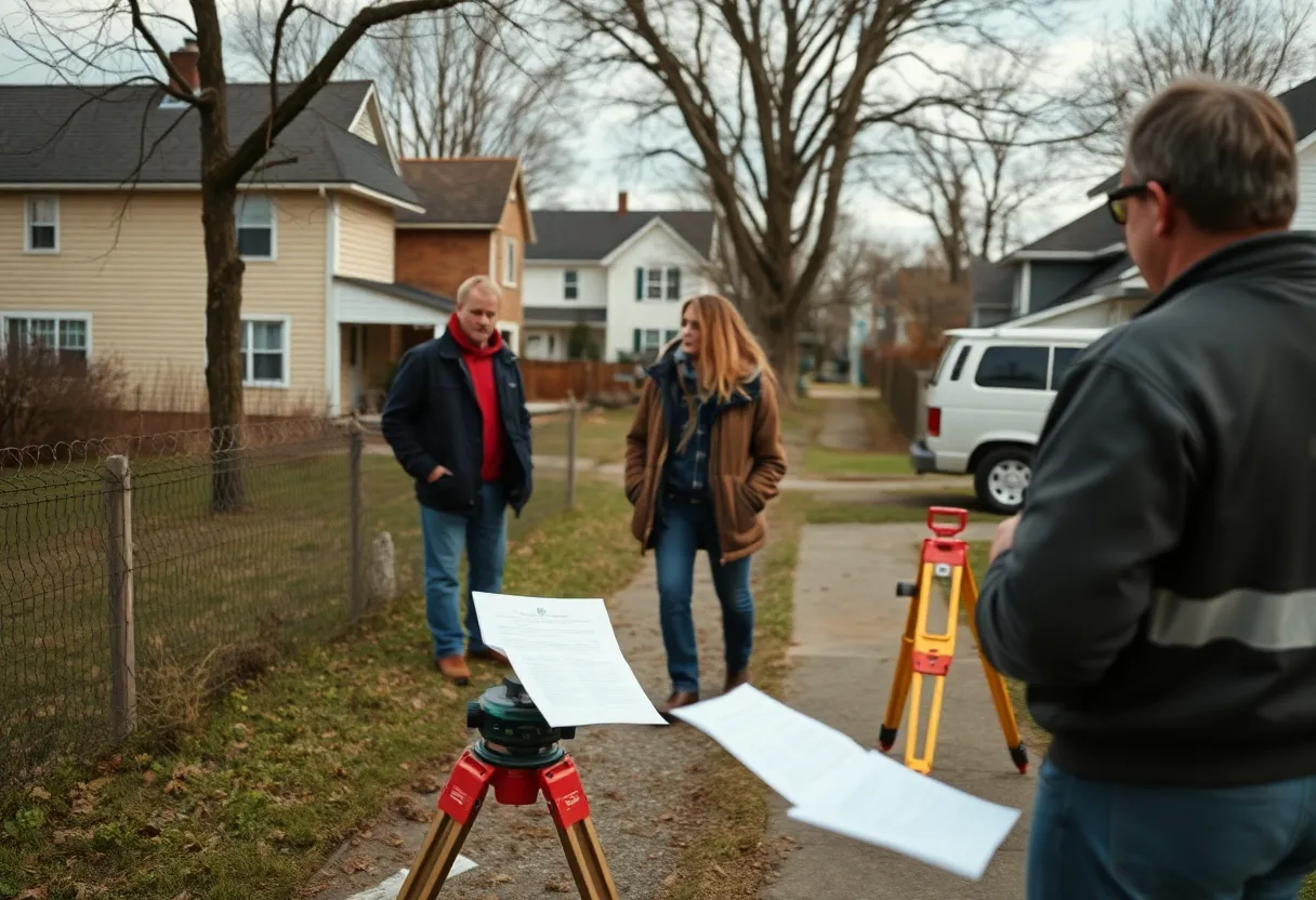 Scene depicting a neighborhood property dispute with surveyor's equipment.