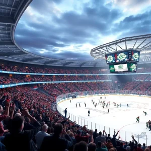 Rendering of Augusta's new hockey arena with fans and players.