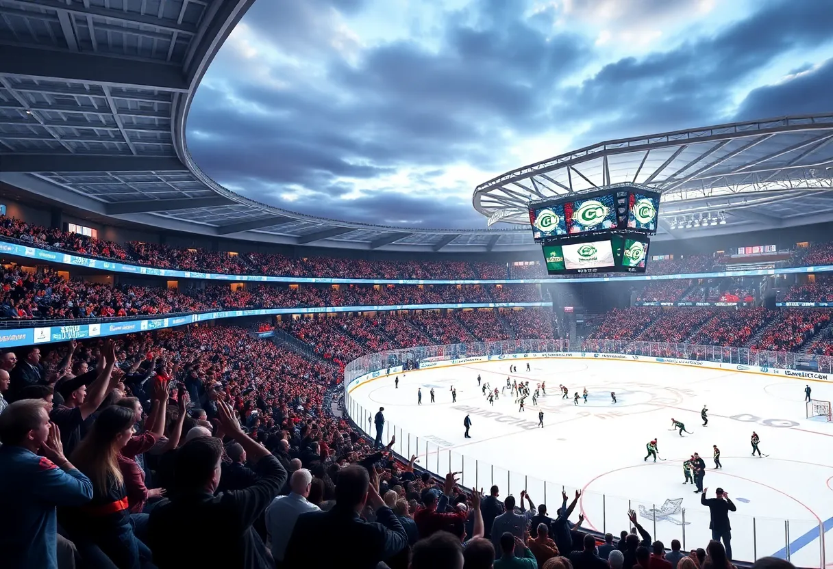 Rendering of Augusta's new hockey arena with fans and players.