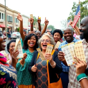 Community members celebrating a Mega Powerball win in Augusta, Georgia