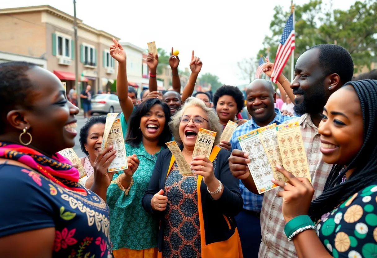 Community members celebrating a Mega Powerball win in Augusta, Georgia