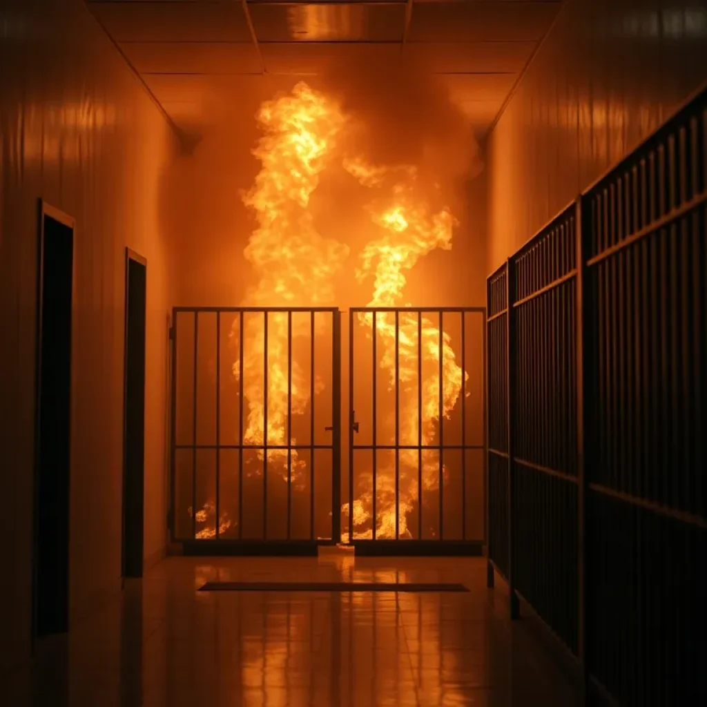 Smoke-filled prison cell illustrating safety concerns.
