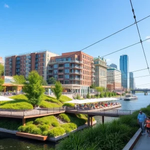 Conceptual image of the Outdoor Urban Adventure Center at Augusta's Riverfront, featuring a zip line.