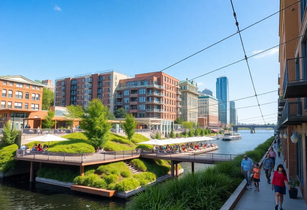 Conceptual image of the Outdoor Urban Adventure Center at Augusta's Riverfront, featuring a zip line.