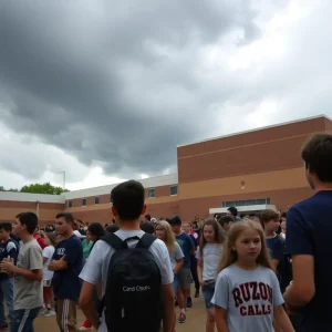 Students at a middle school pep rally with a stormy sky