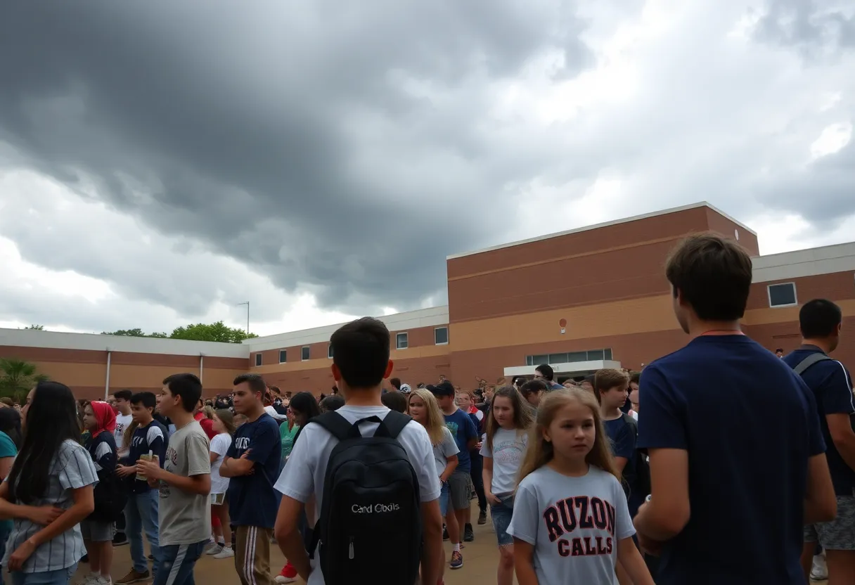 Students at a middle school pep rally with a stormy sky