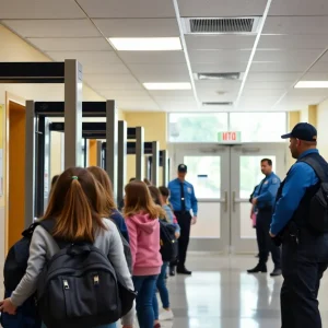 Security personnel monitoring a school entrance with metal detectors.