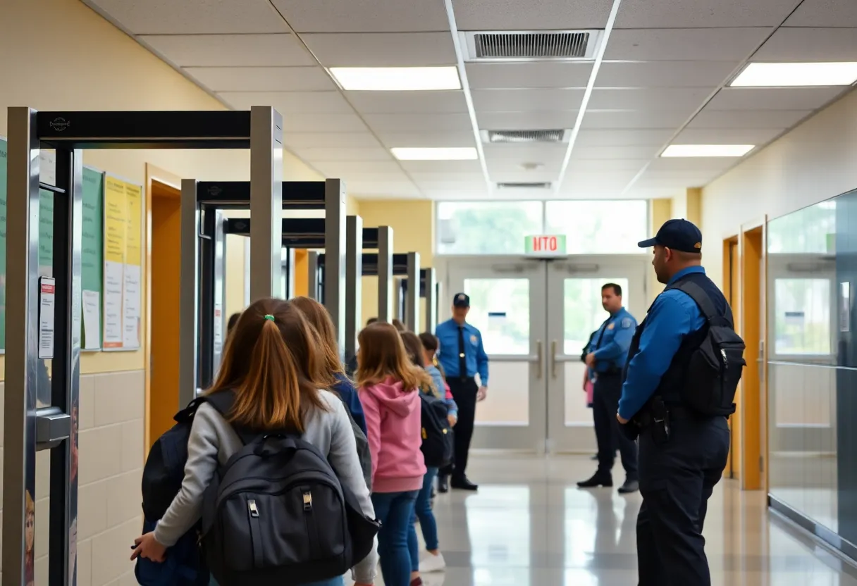 Security personnel monitoring a school entrance with metal detectors.