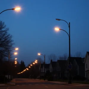 Streetlights illuminating a residential street in Augusta