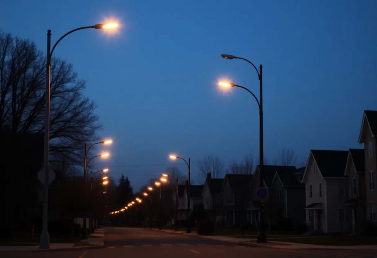 Streetlights illuminating a residential street in Augusta