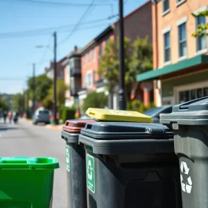 Trash and recycling bins on a street in Augusta