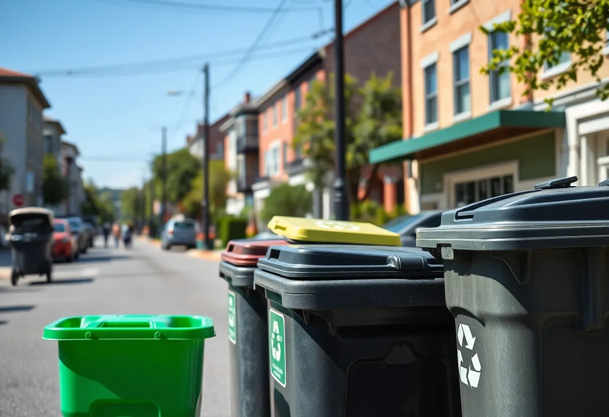 Trash and recycling bins on a street in Augusta