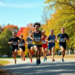 Augusta University women's cross country team running in a park