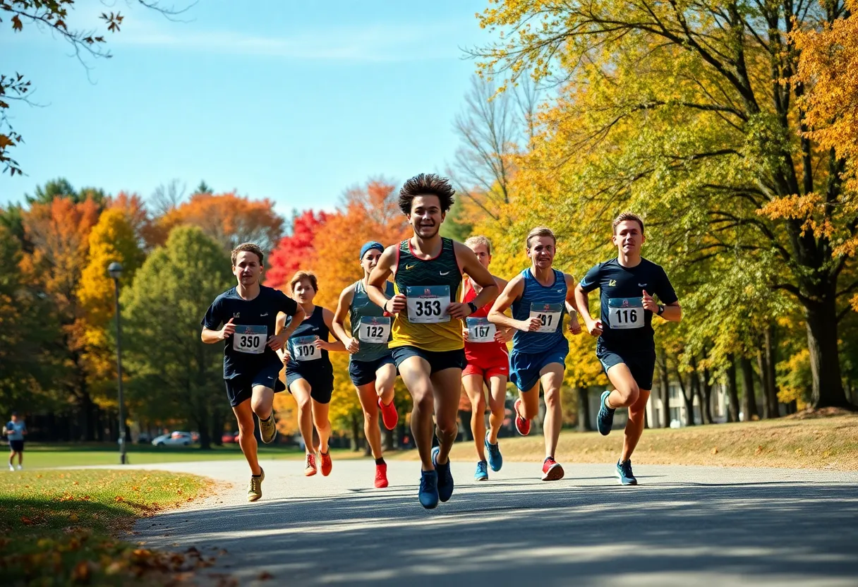 Augusta University women's cross country team running in a park