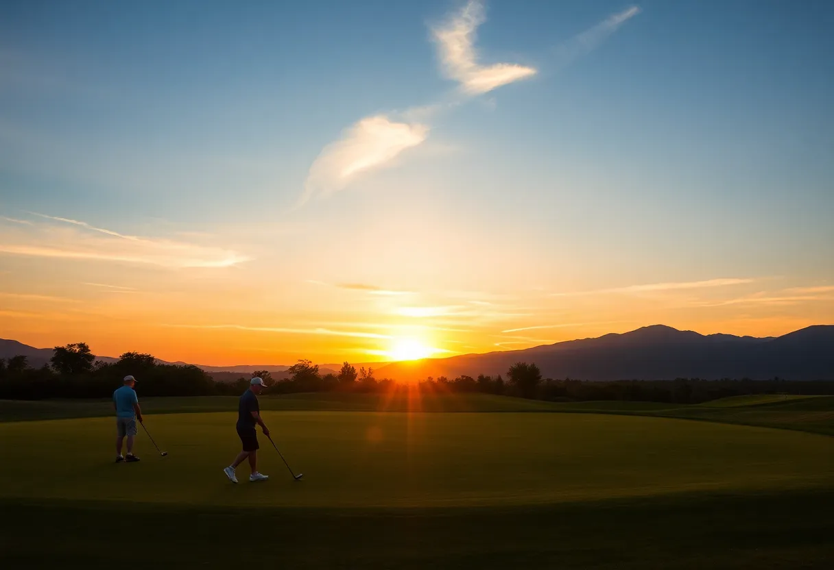 A view of a golf course with players competing.