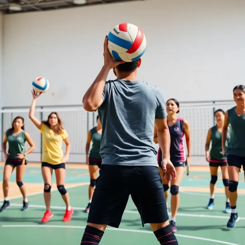 Augusta University volleyball team practicing on the court
