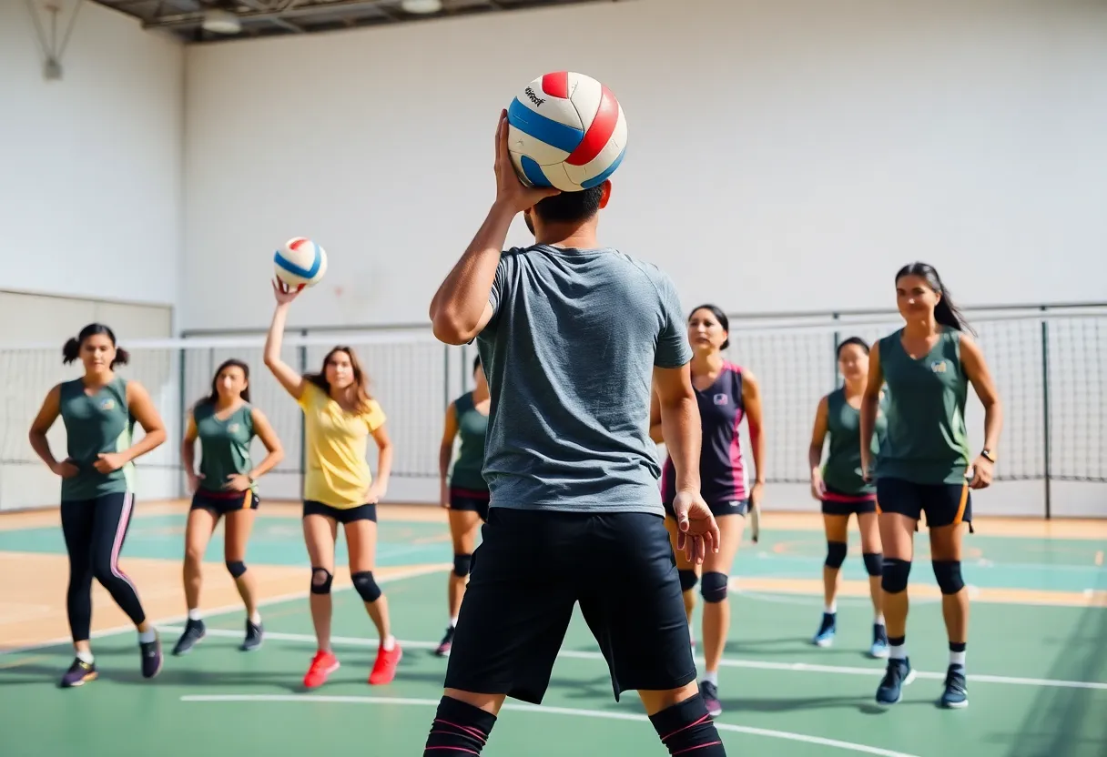 Augusta University volleyball team practicing on the court