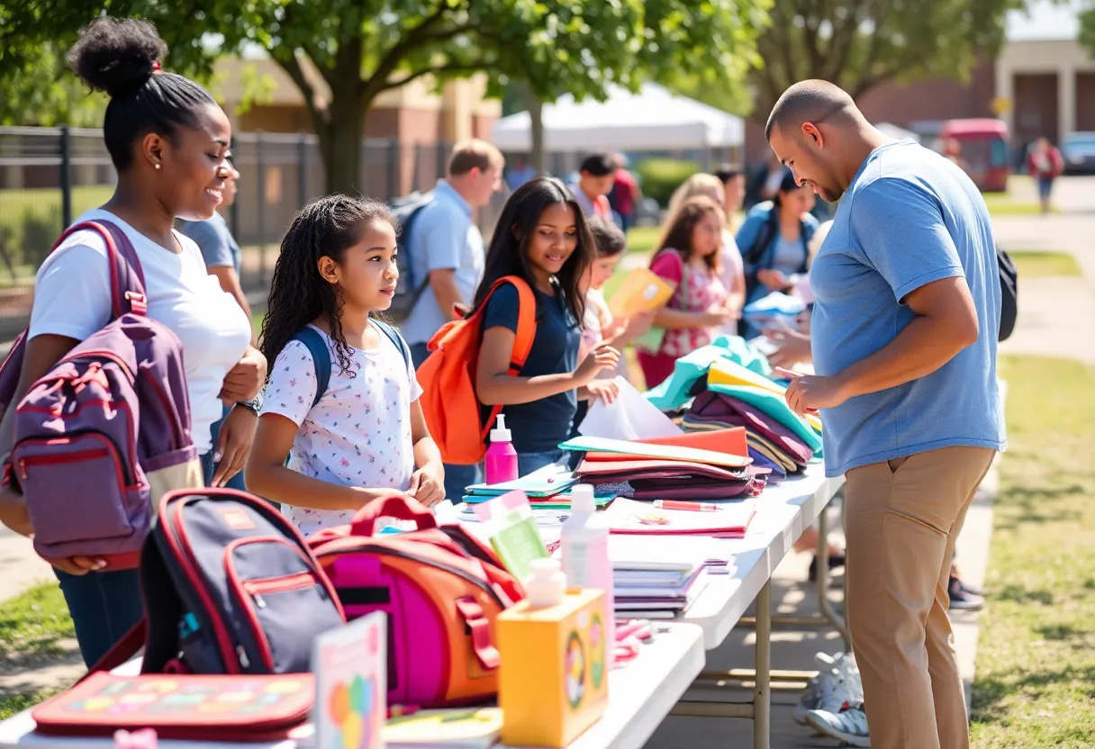 Families receiving school supplies at community event