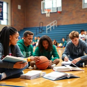 College students studying and practicing basketball
