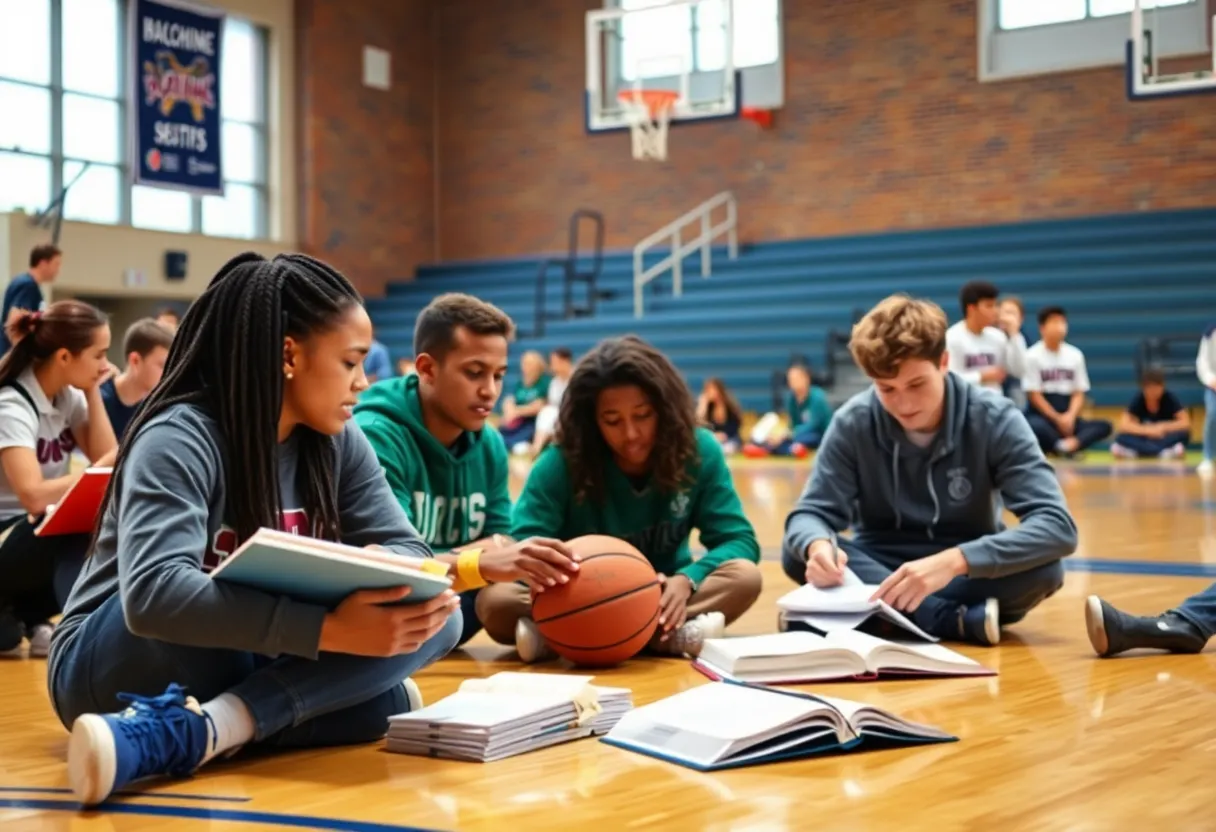 College students studying and practicing basketball