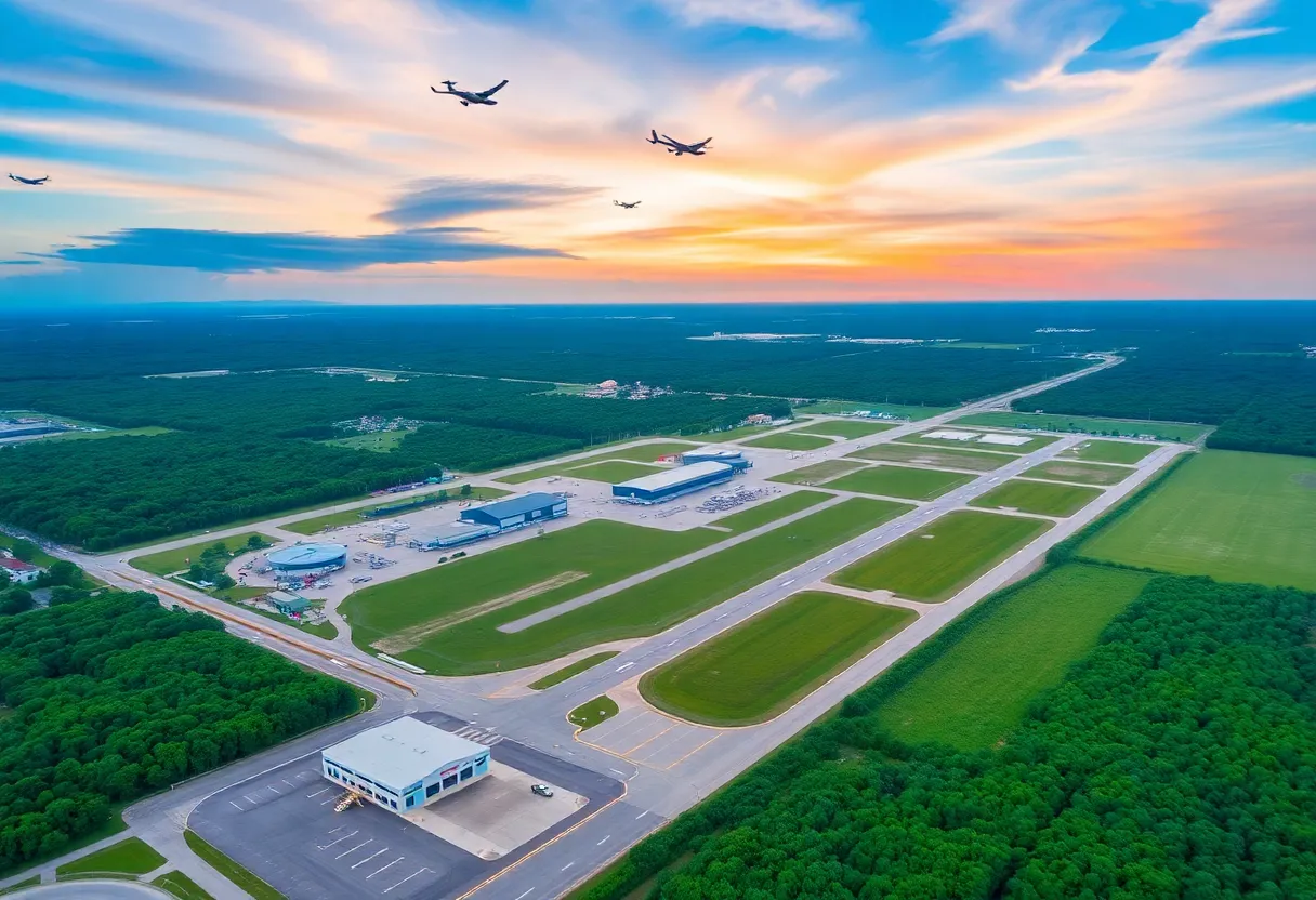 Aerial view of Baldwin County Regional Airport with small aircraft and green landscape
