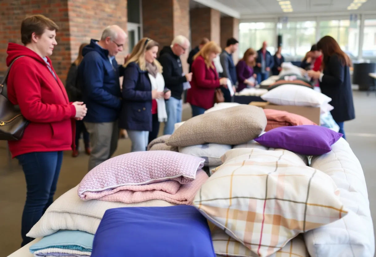 Community members participating in a bedding donation drive for the homeless