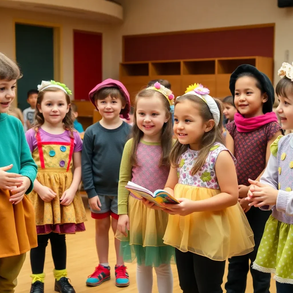Young performers rehearsing Beetlejuice Junior in vibrant costumes