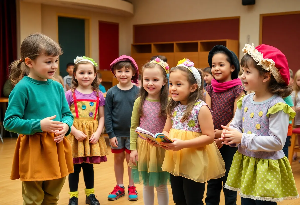 Young performers rehearsing Beetlejuice Junior in vibrant costumes