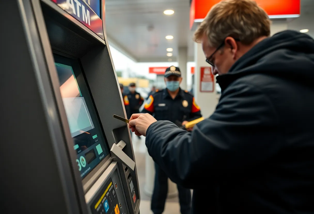 Law enforcement officer inspecting an ATM for skimming devices.