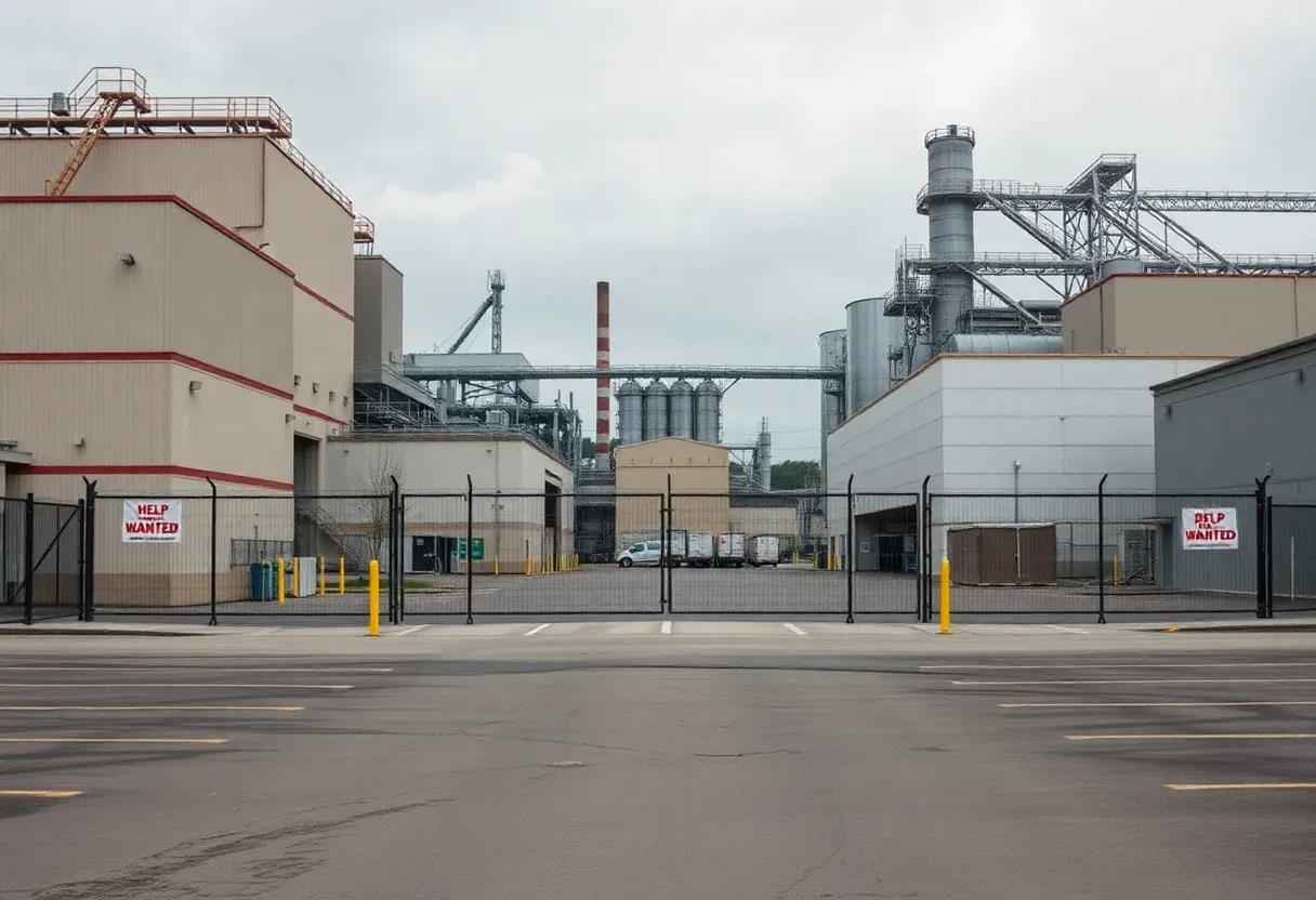 Exterior view of a closed industrial paper mill in Savannah, Georgia
