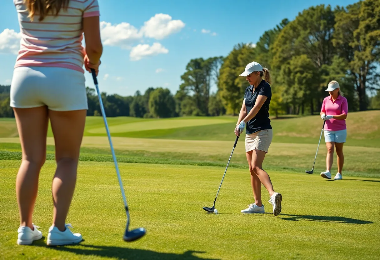 Women golfers practicing on a lush golf course