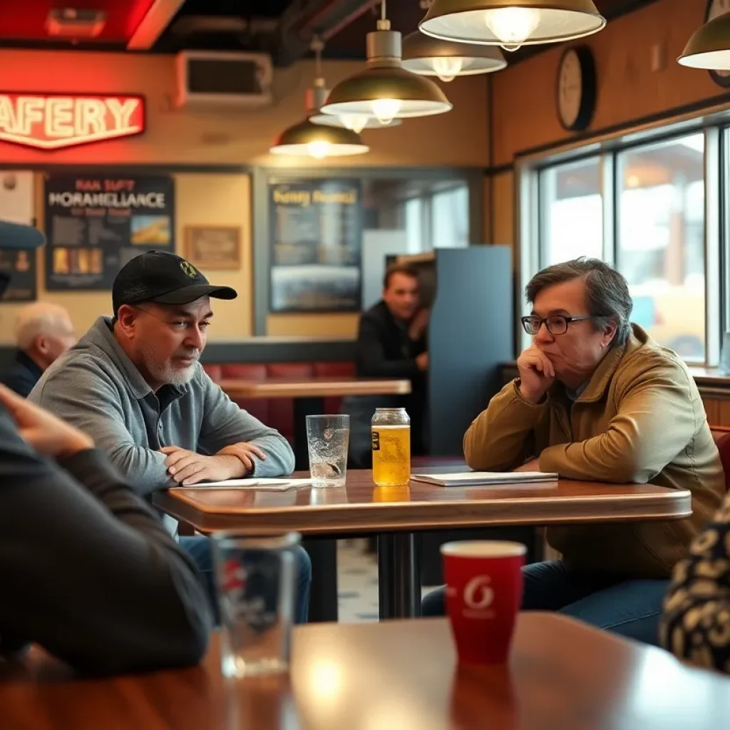 Community gathering at a diner promoting safety awareness