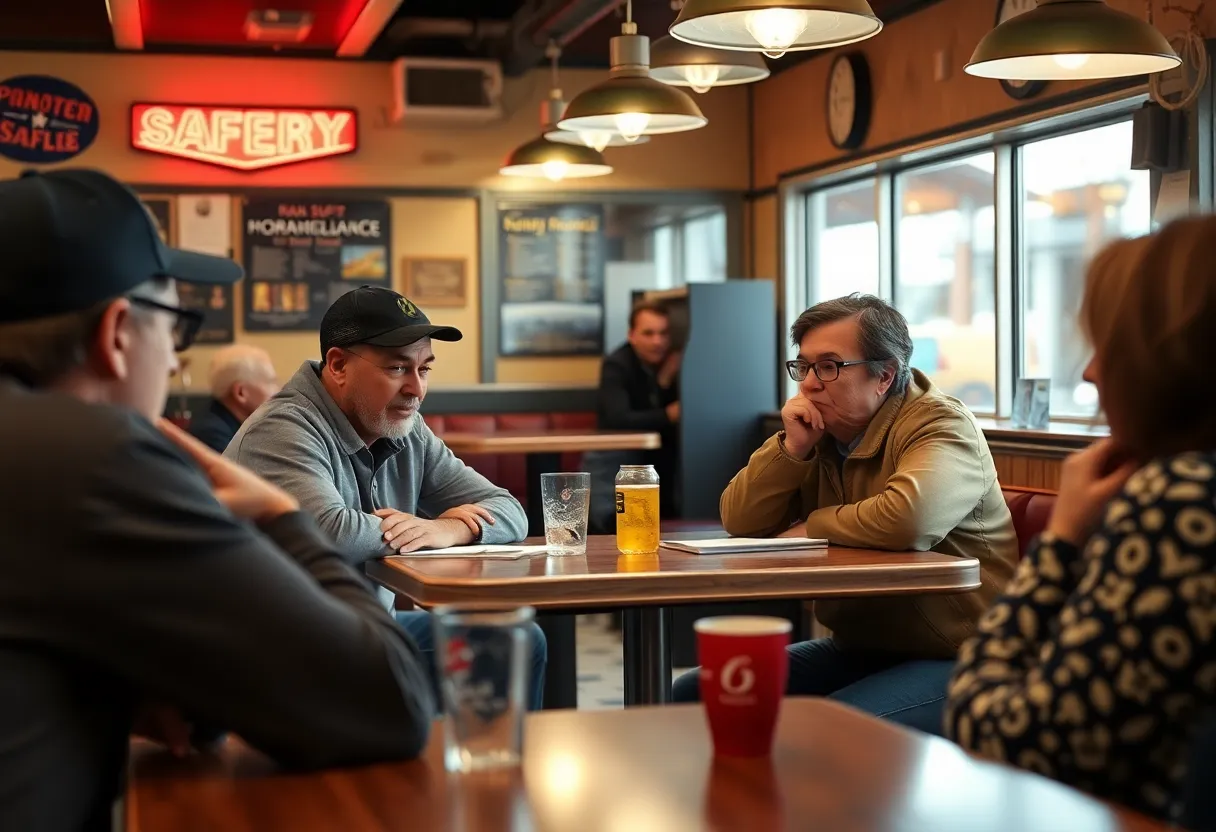 Community gathering at a diner promoting safety awareness