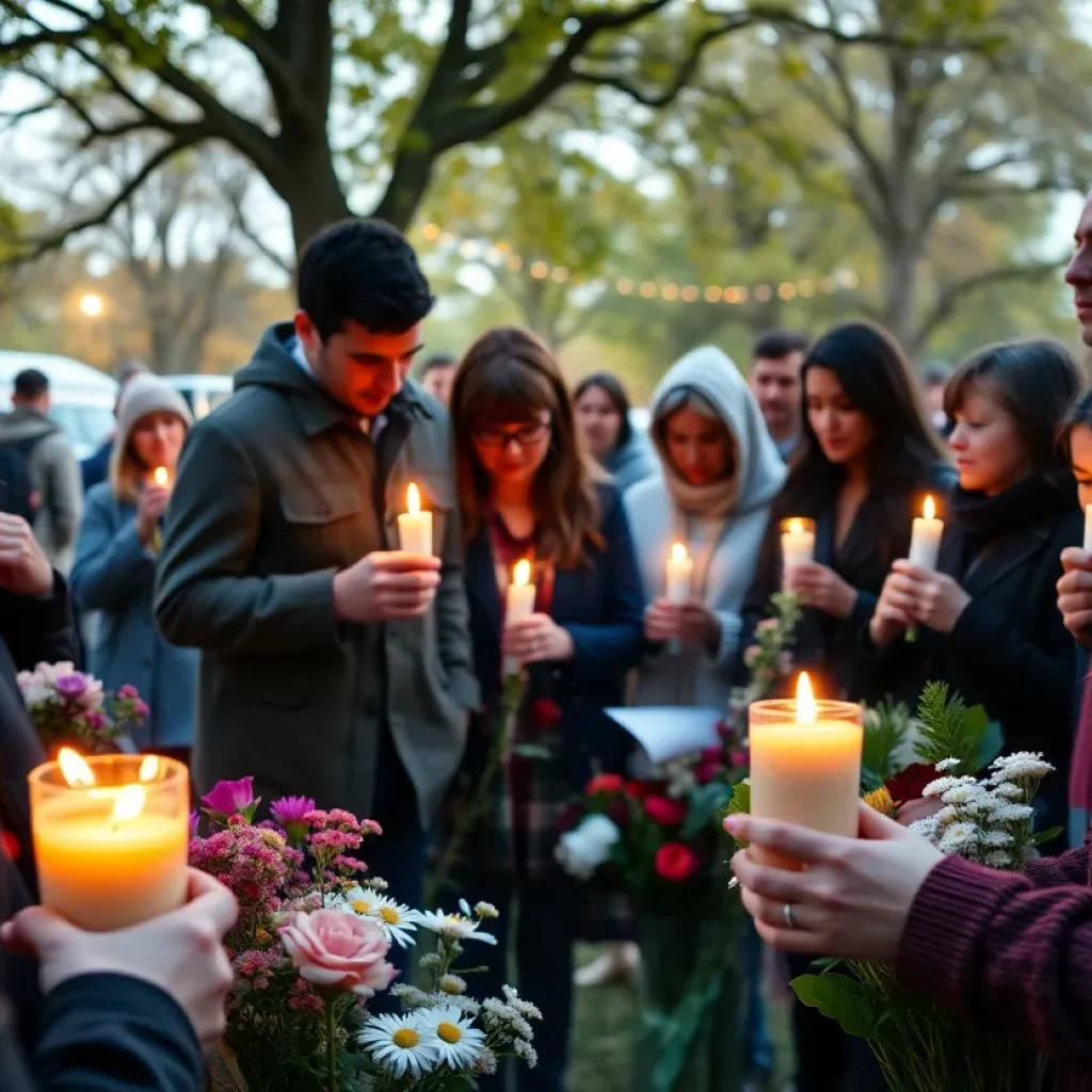 People gathered in remembrance with candles and flowers.