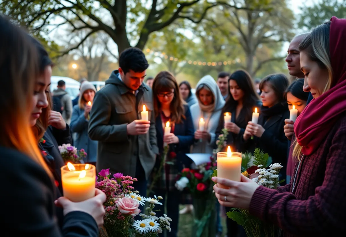 People gathered in remembrance with candles and flowers.