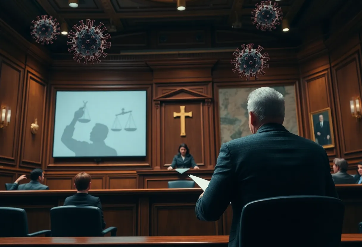 Illustration of a courtroom during a fraud trial related to COVID-19 relief programs.