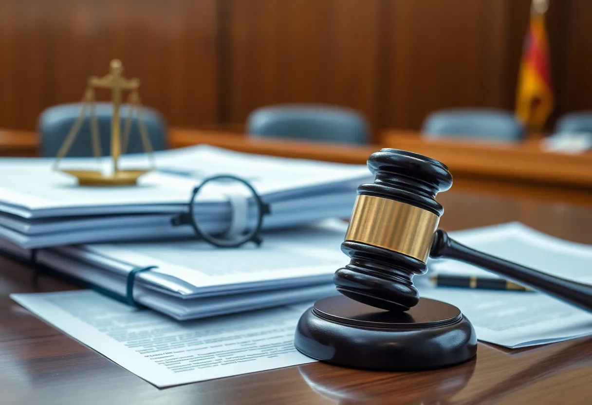 Image depicting a courtroom with legal documents and gavel