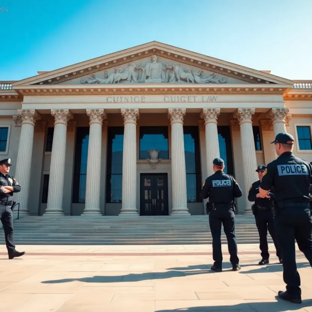 Illustration of a courthouse symbolizing justice and law enforcement.