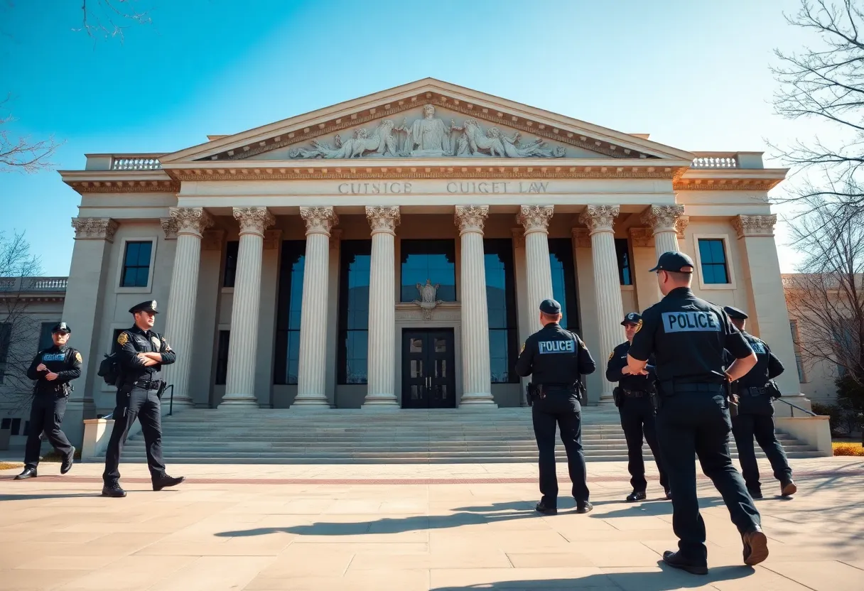 Illustration of a courthouse symbolizing justice and law enforcement.